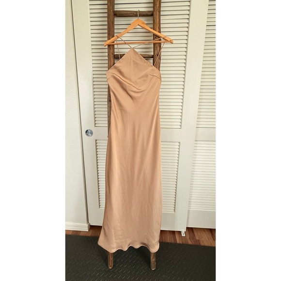 Zilly J Beige Satin Maxi Slip Dress Halter Neck Tie Back Size 8 - Picture 2 of 6
